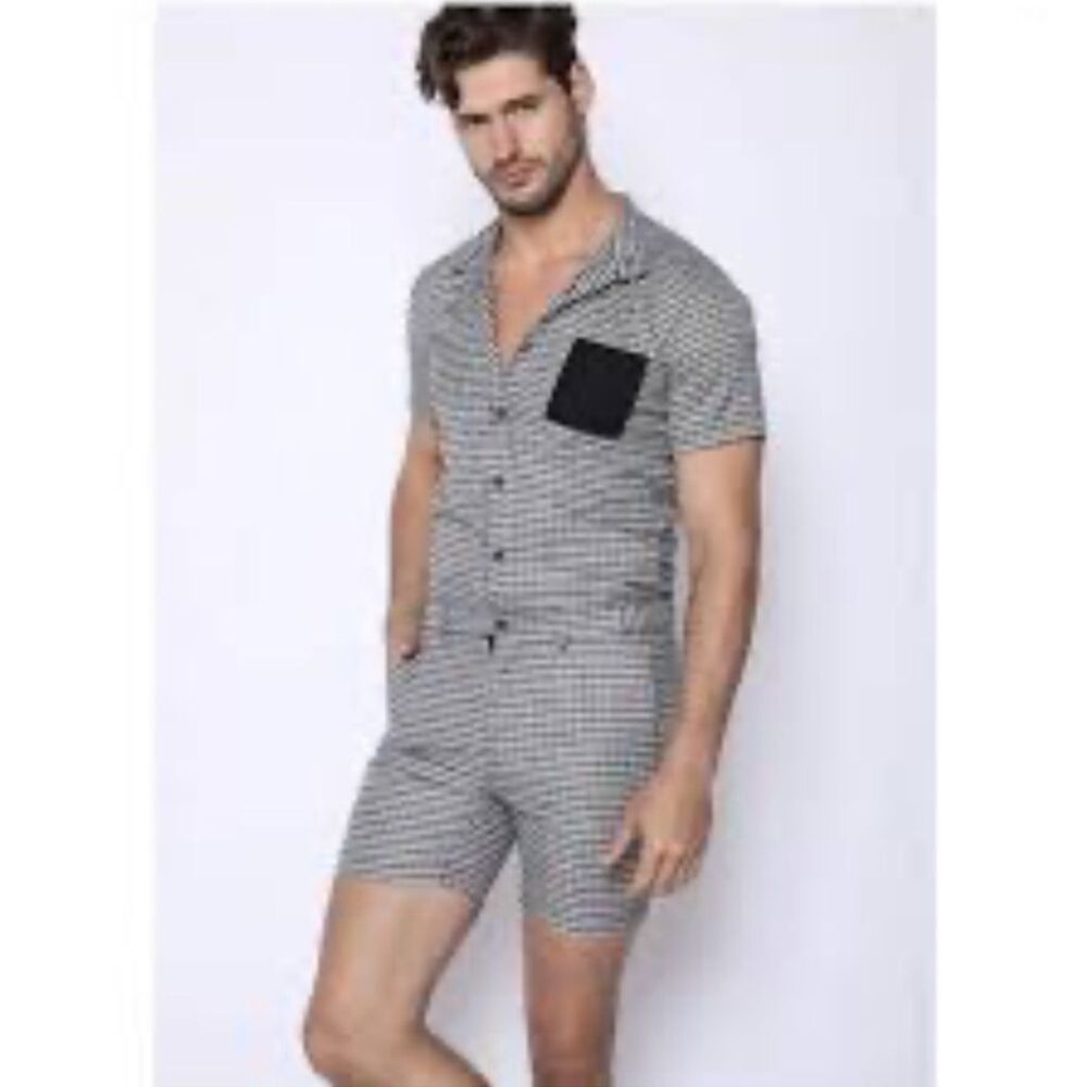 Men's Black and White Checkered Short Sleeve Romper